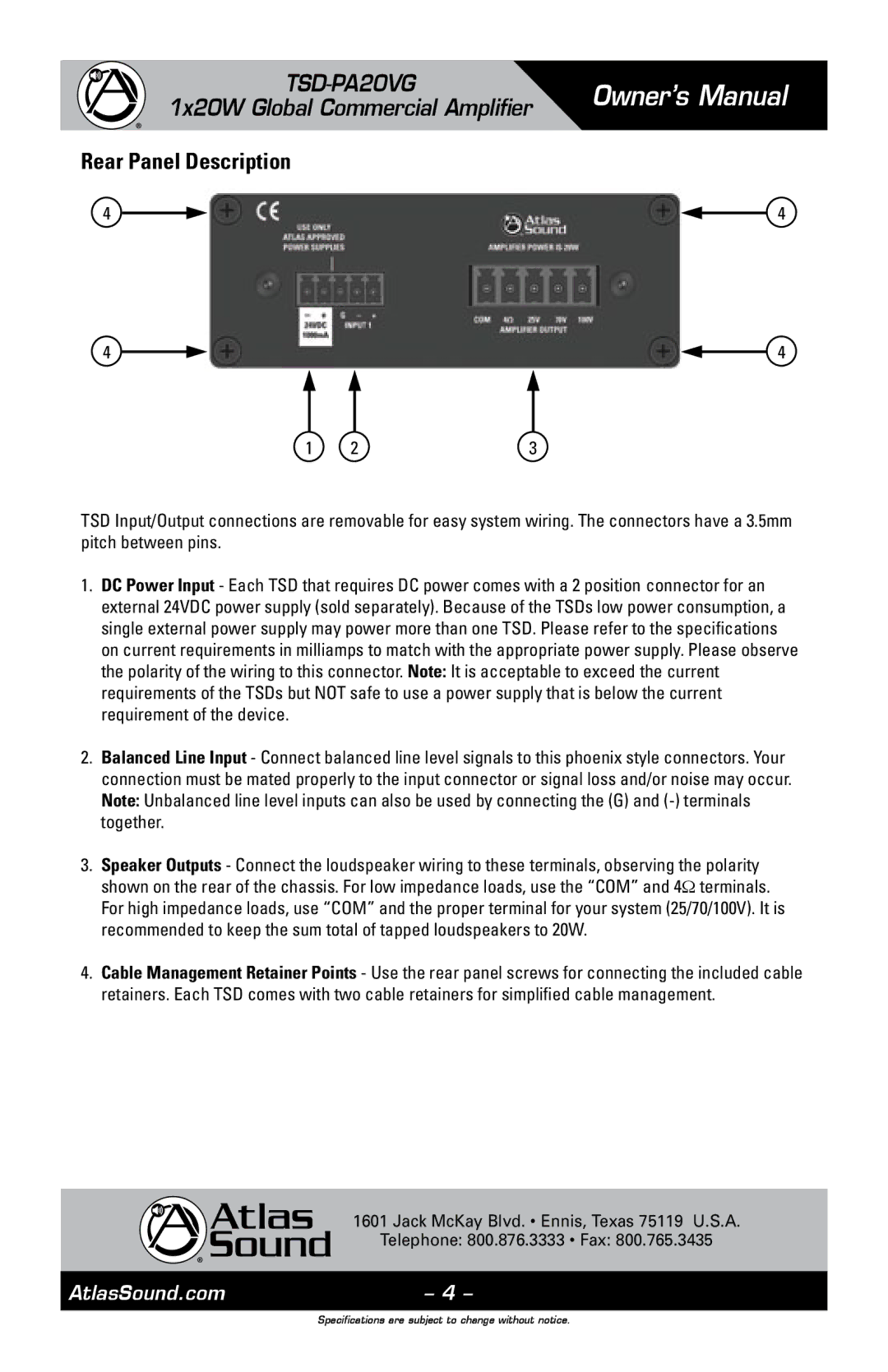 Atlas Sound TSD-PA20VG owner manual Rear Panel Description 