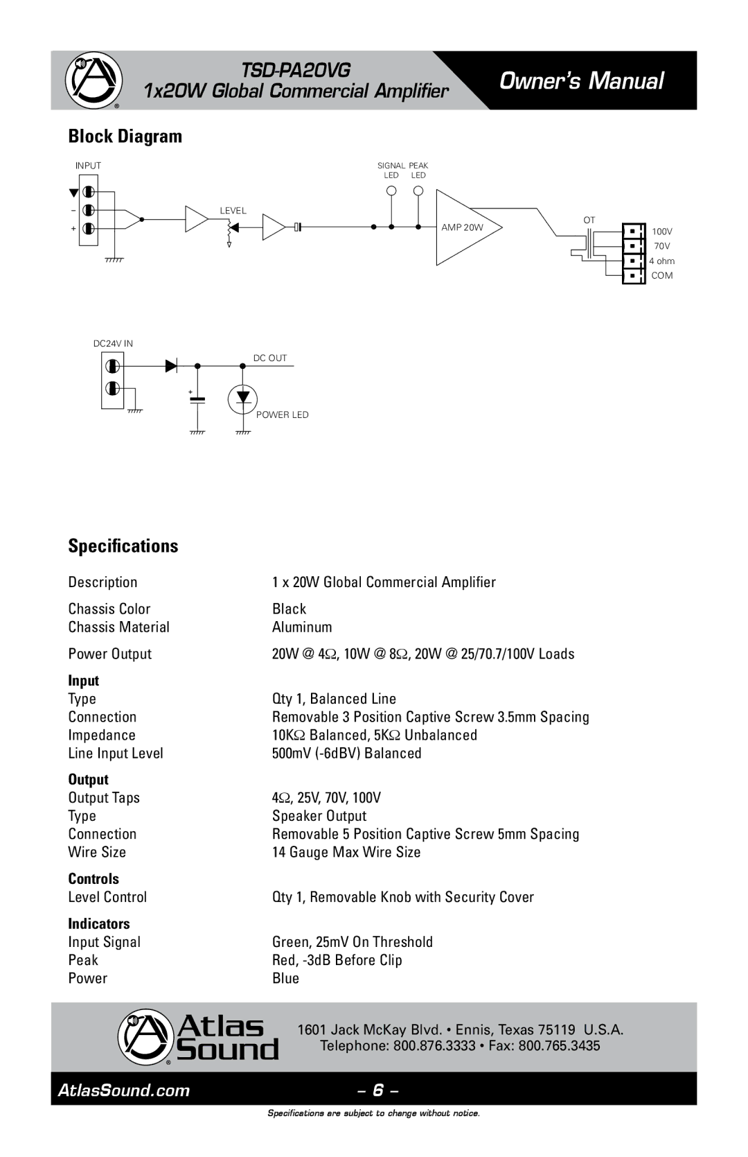 Atlas Sound TSD-PA20VG owner manual Block Diagram, Specifications 