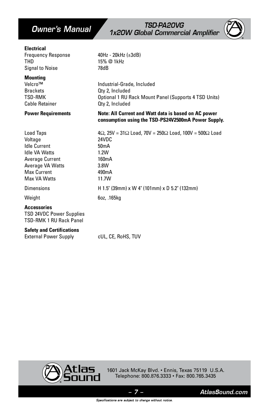 Atlas Sound TSD-PA20VG owner manual Electrical, Mounting, Power Requirements, Accessories, Safety and Certifications 