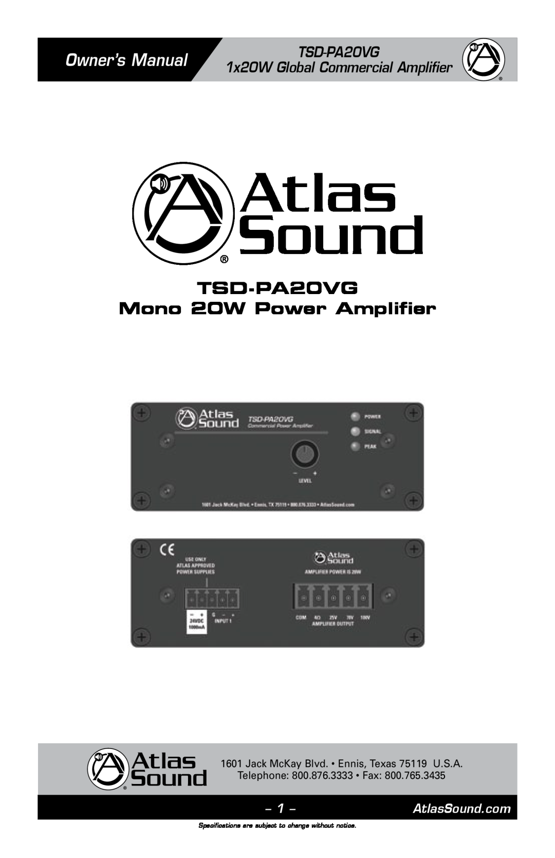 Atlas Sound owner manual Owner’s Manual, TSD-PA20VG 1x20W Global Commercial Amplifier, AtlasSound.com 