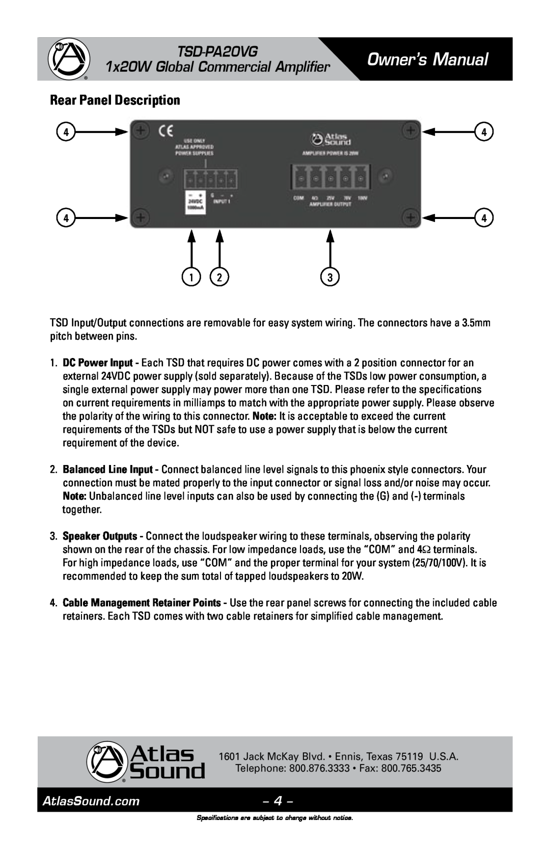 Atlas Sound Rear Panel Description, Owner’s Manual, TSD-PA20VG 1x20W Global Commercial Amplifier, AtlasSound.com 