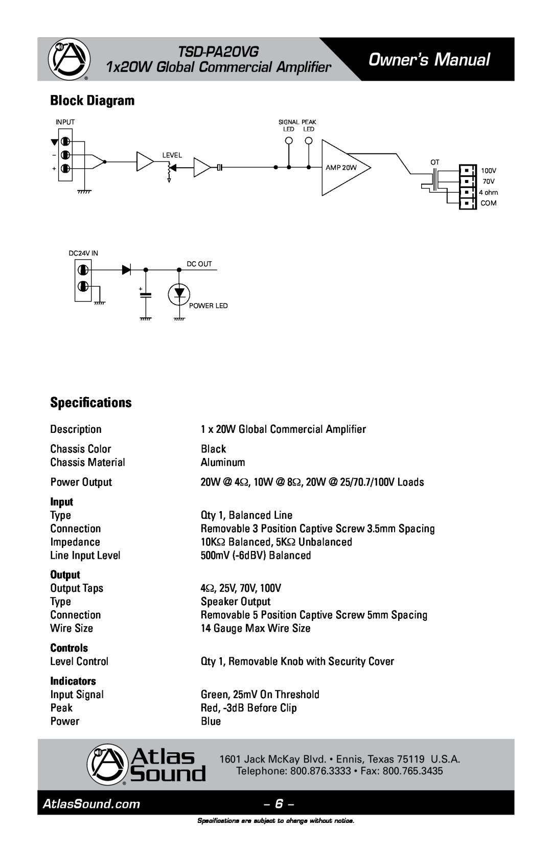 Atlas Sound TSD-PA20VG Block Diagram, Specifications, Input, Output, Controls, Indicators, Owner’s Manual, AtlasSound.com 