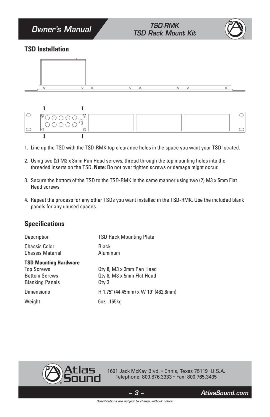 Atlas Sound TSD-RMK owner manual TSD Installation, Specifications 