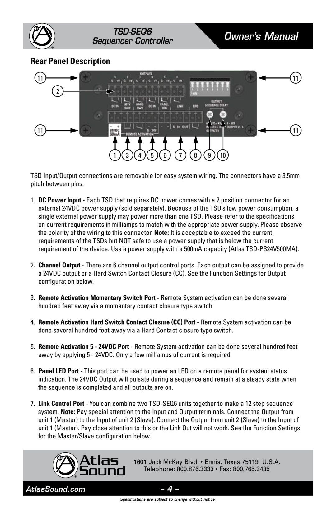 Atlas Sound TSD-SEQ6 owner manual Rear Panel Description 