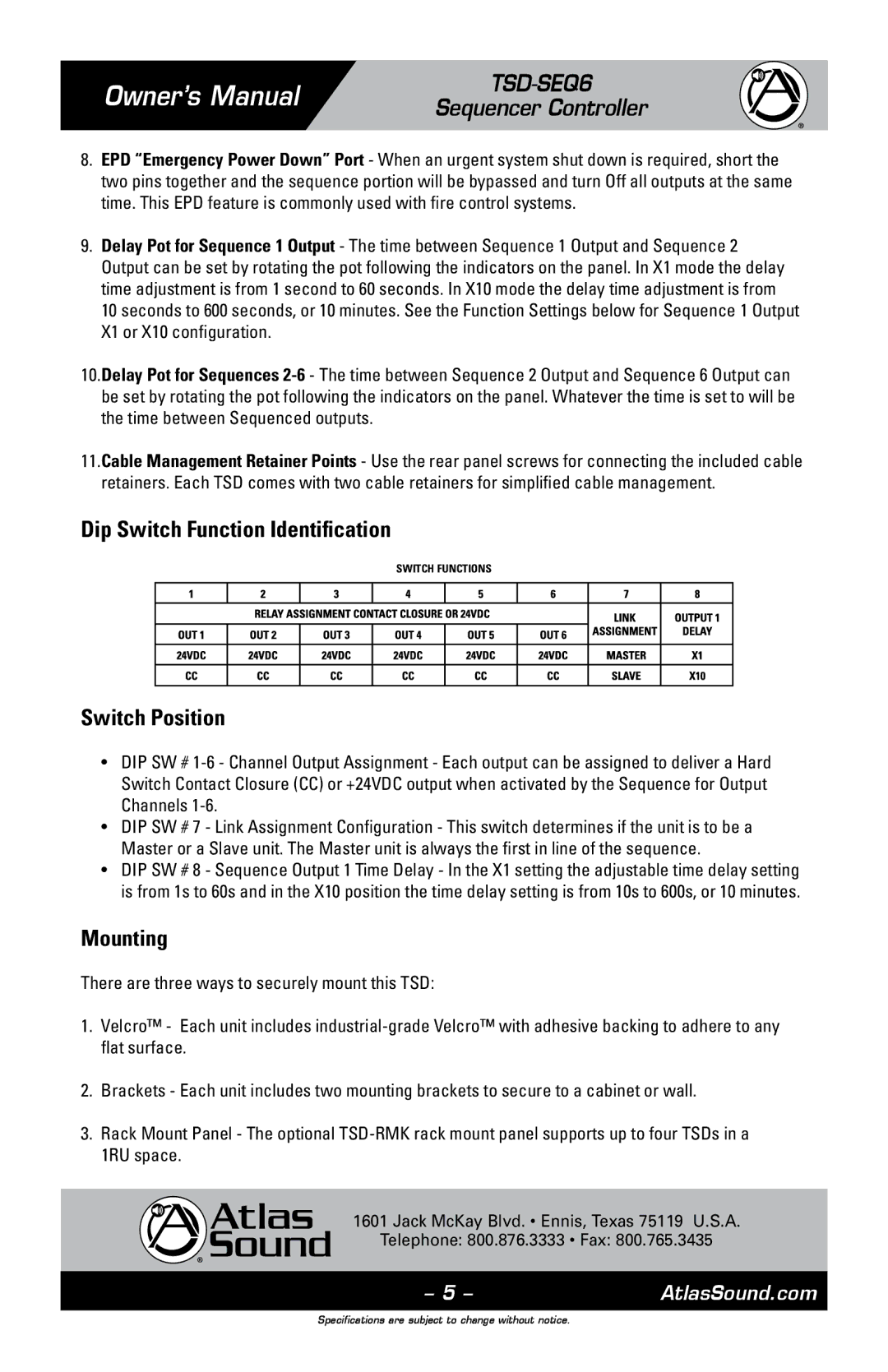 Atlas Sound TSD-SEQ6 owner manual Dip Switch Function Identification, Switch Position, Mounting 