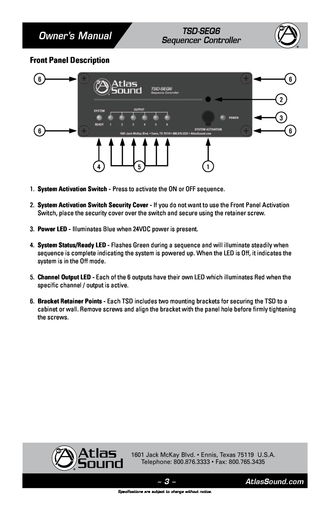 Atlas Sound owner manual Front Panel Description, Owner’s Manual, TSD-SEQ6 Sequencer Controller, AtlasSound.com 