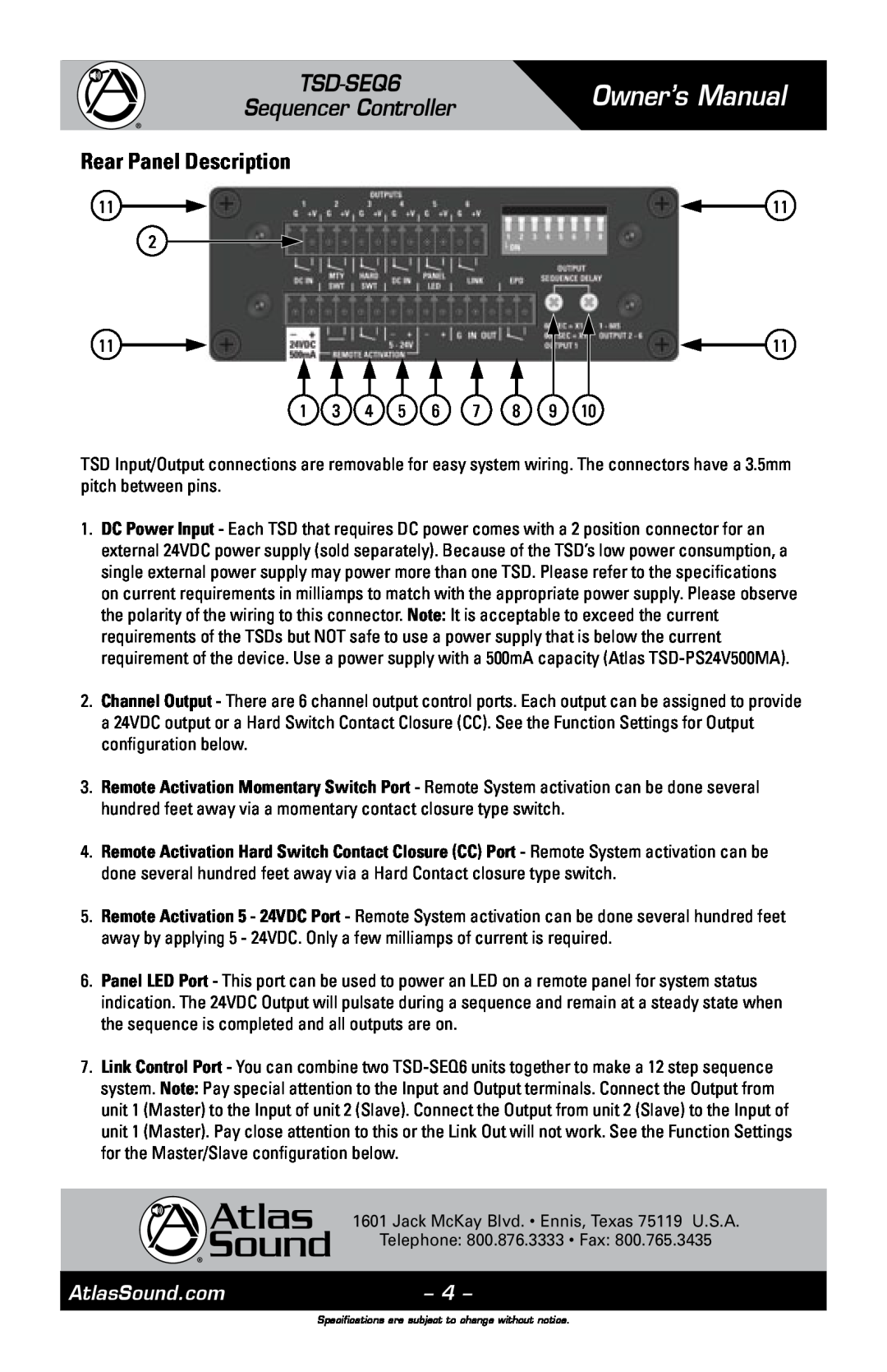 Atlas Sound owner manual Rear Panel Description, Owner’s Manual, TSD-SEQ6 Sequencer Controller, AtlasSound.com 