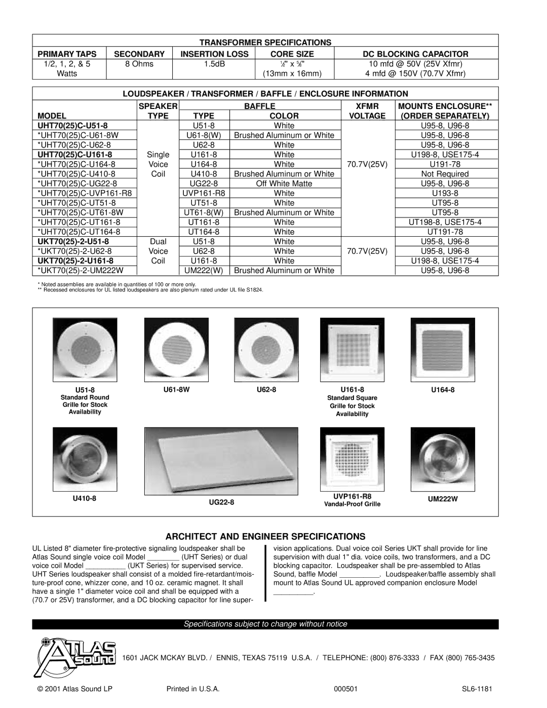 Atlas Sound UHT Series, UKT Series Architect and Engineer Specifications, UHT7025C-U51-8, UHT7025C-U161-8, UKT7025-2-U51-8 