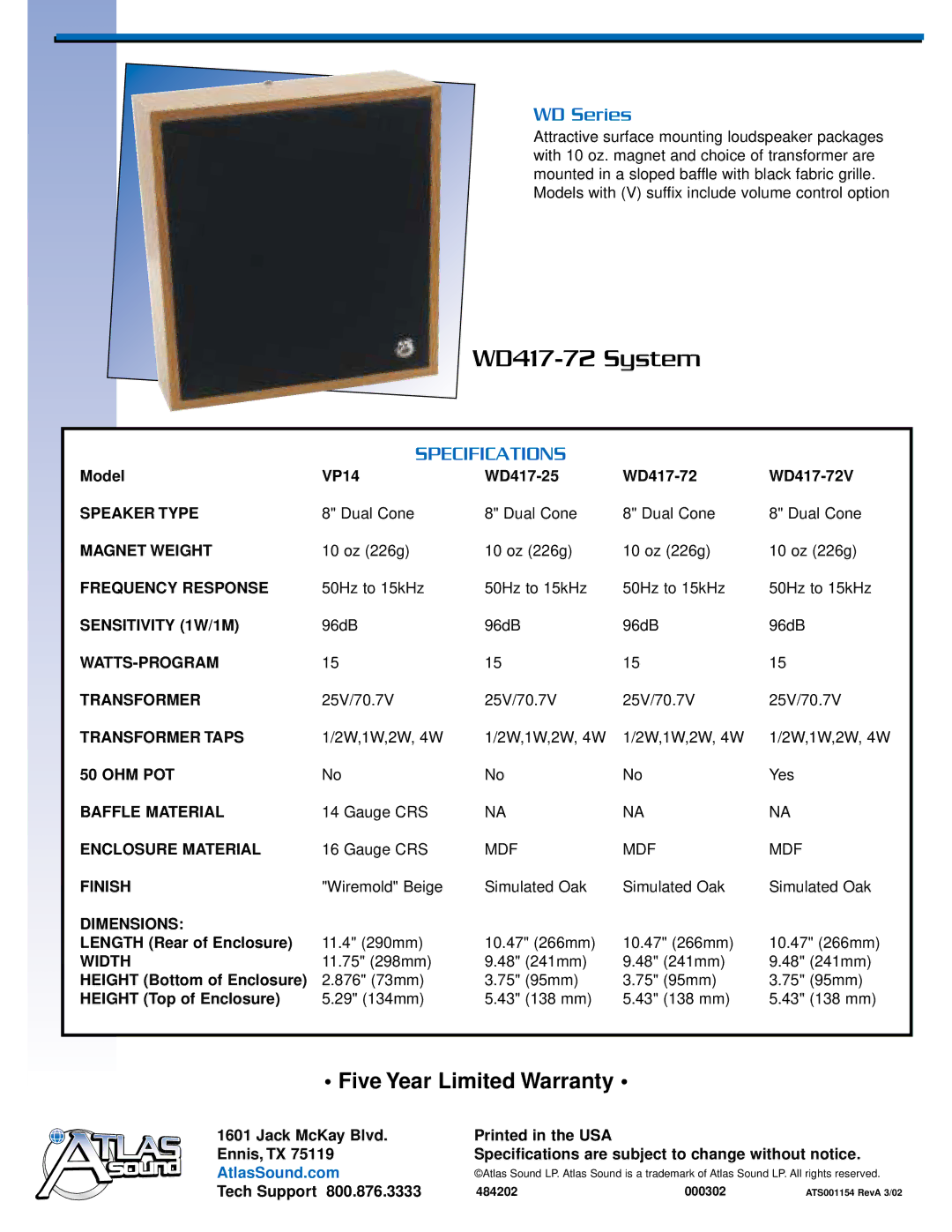 Atlas Sound VP14 manual WD417-72 System, WD Series 