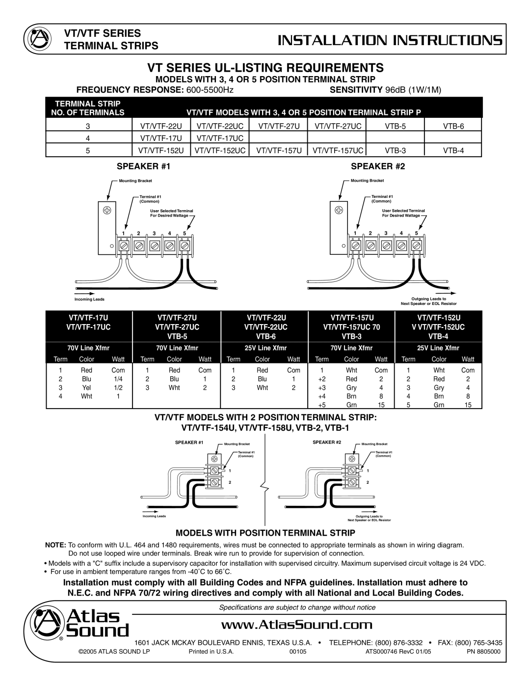 Atlas Sound VT/VTF-154U specifications Models with 3, 4 or 5 Position Terminal Strip, Speaker #1, Speaker #2 