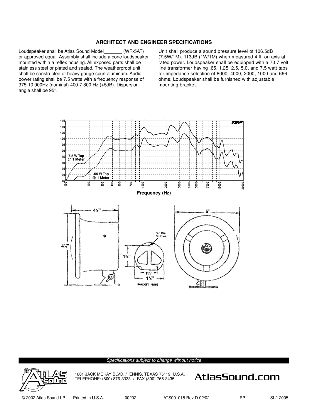 Atlas Sound WR-5AT specifications Architect and Engineer Specifications 