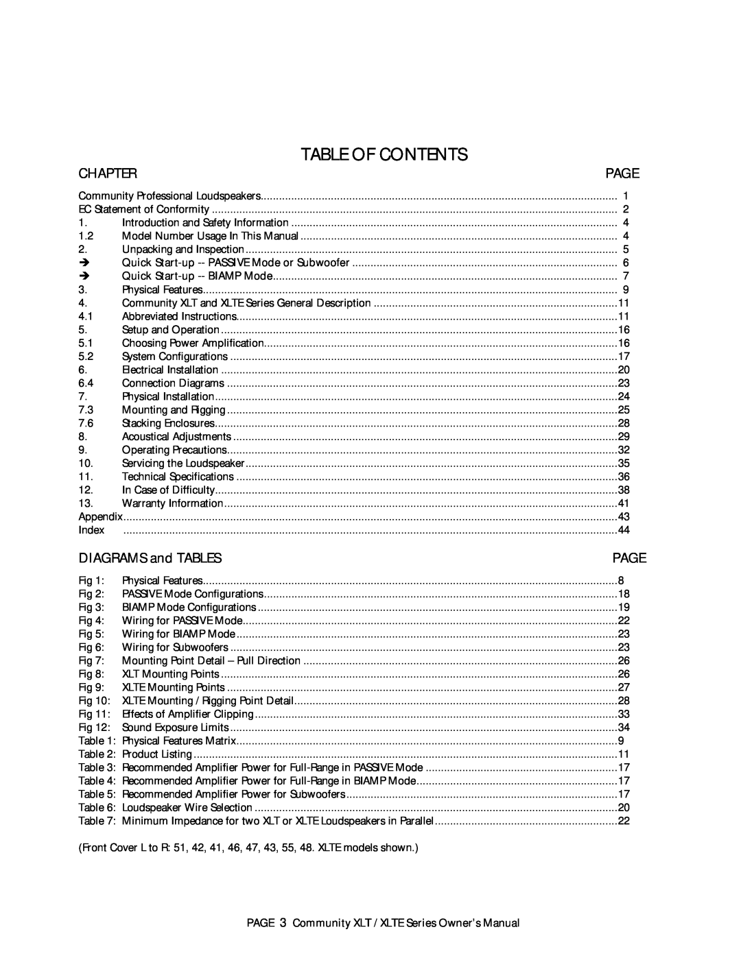 Atlas Sound XLTE owner manual Table Of Contents, Chapter, Page, DIAGRAMS and TABLES 