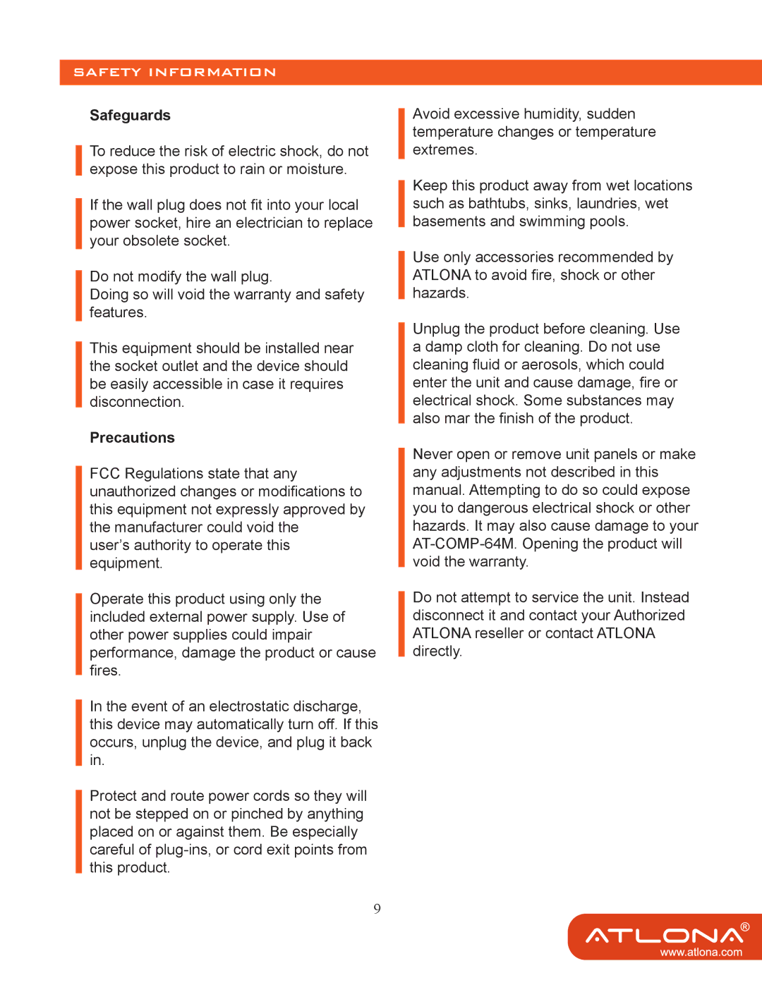 Atlona 64 M user manual Safety Information, Safeguards, Precautions 