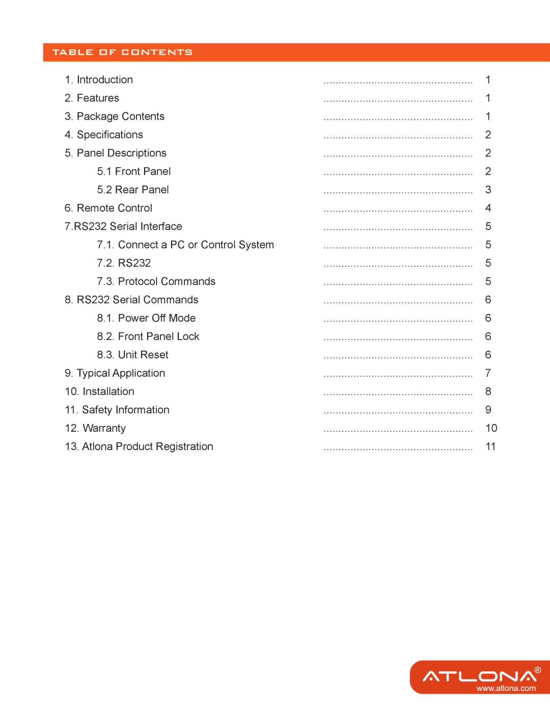 Atlona 64 M user manual Table of Contents 