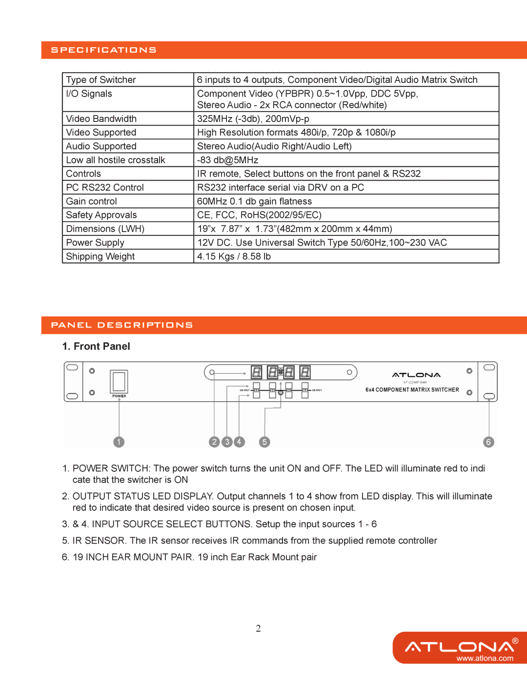 Atlona 64 M user manual Specifications, Panel Descriptions, Front Panel 