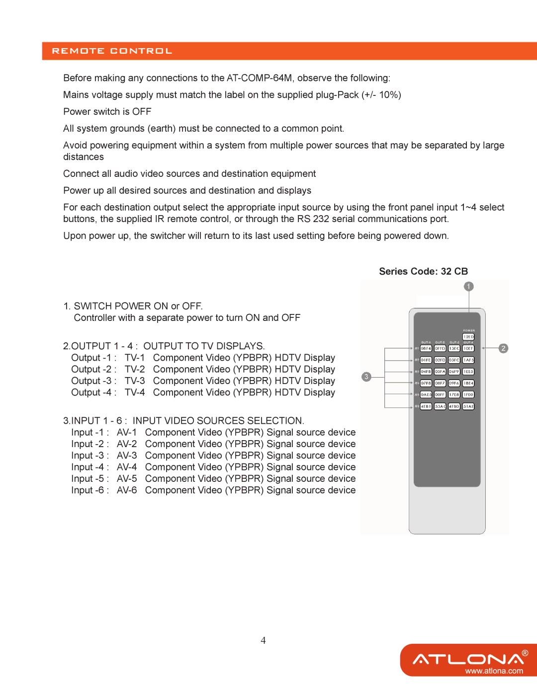 Atlona 64 M user manual Remote Control, Series Code 32 CB 