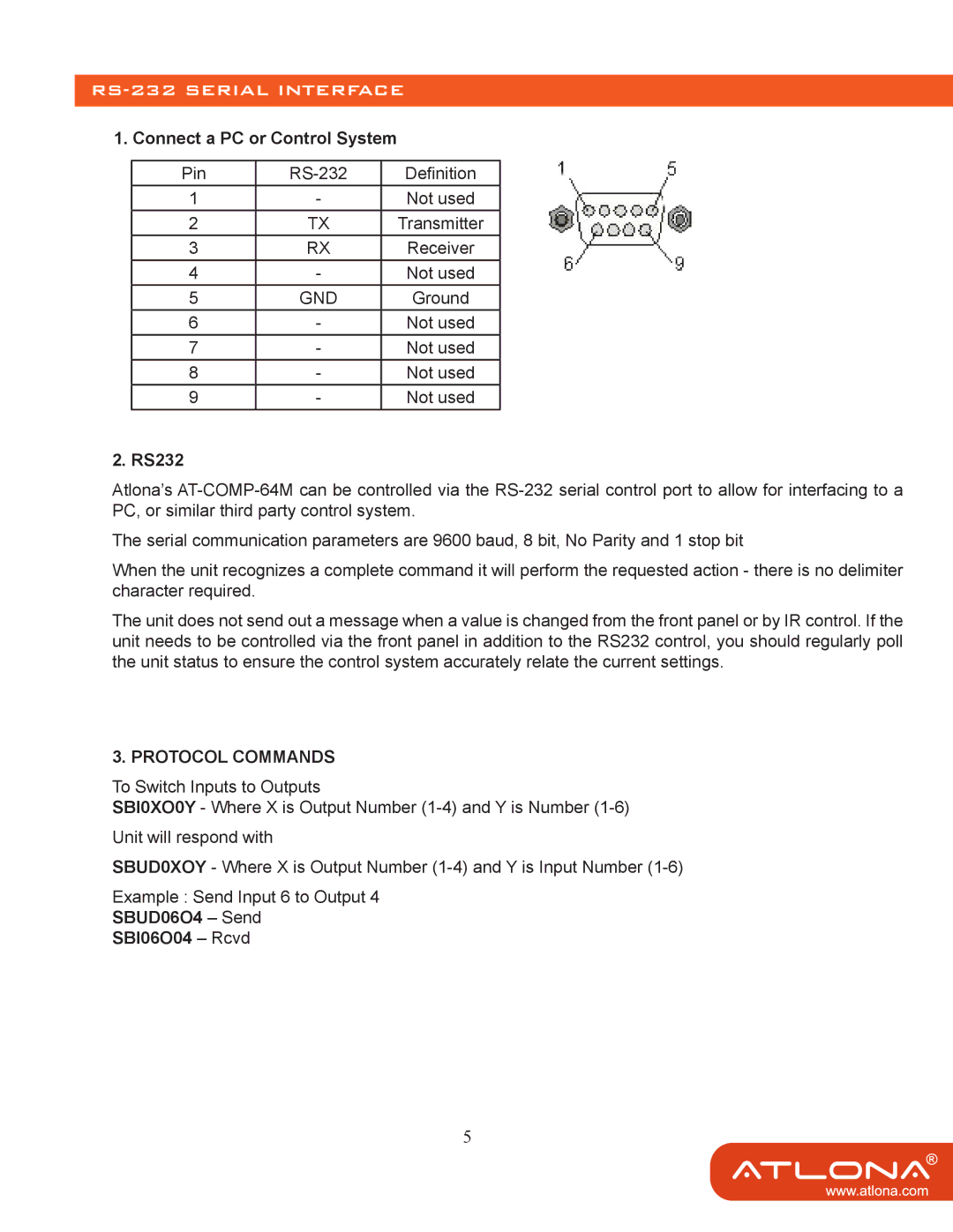 Atlona 64 M user manual RS-232 Serial Interface, Connect a PC or Control System 