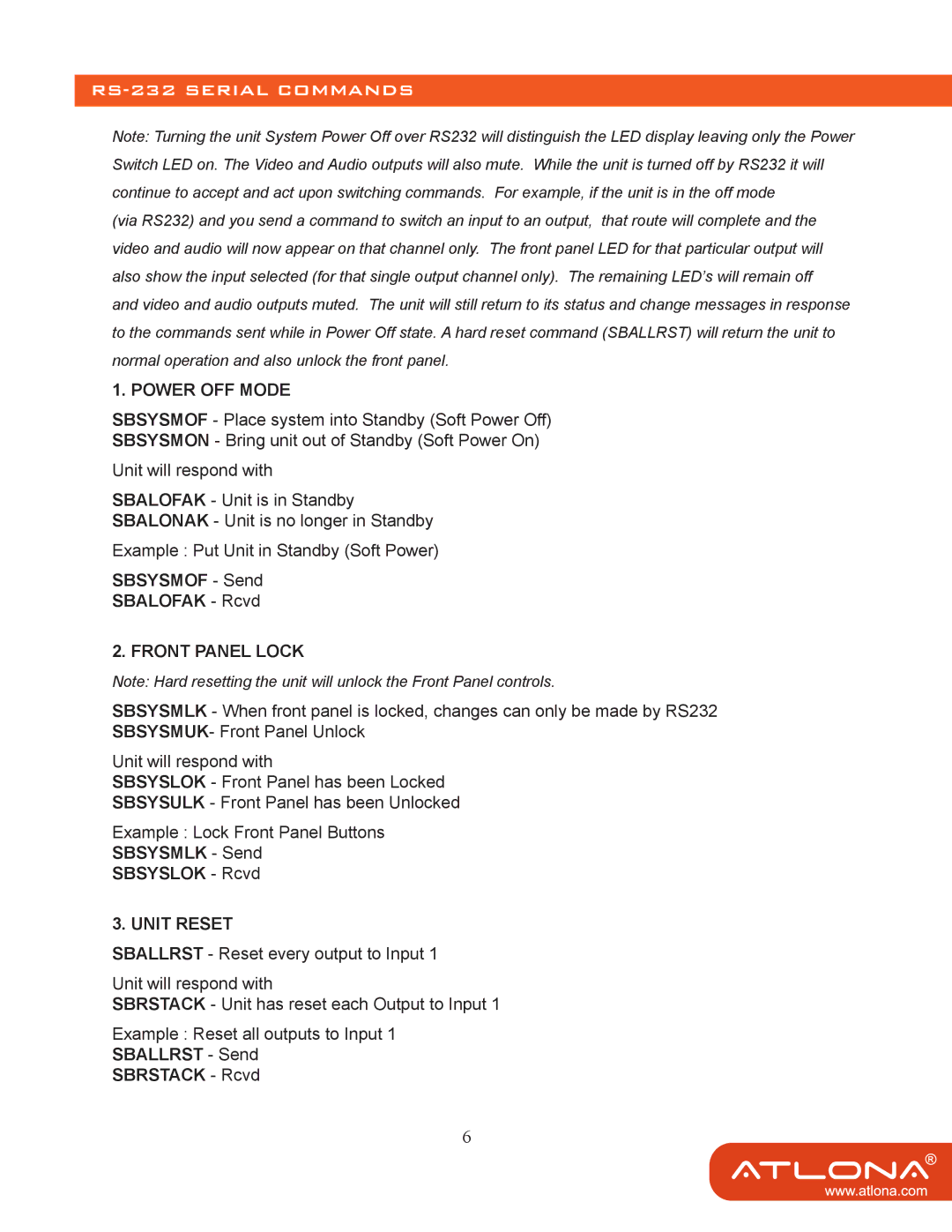 Atlona 64 M user manual RS-232 Serial Commands, Power OFF Mode 