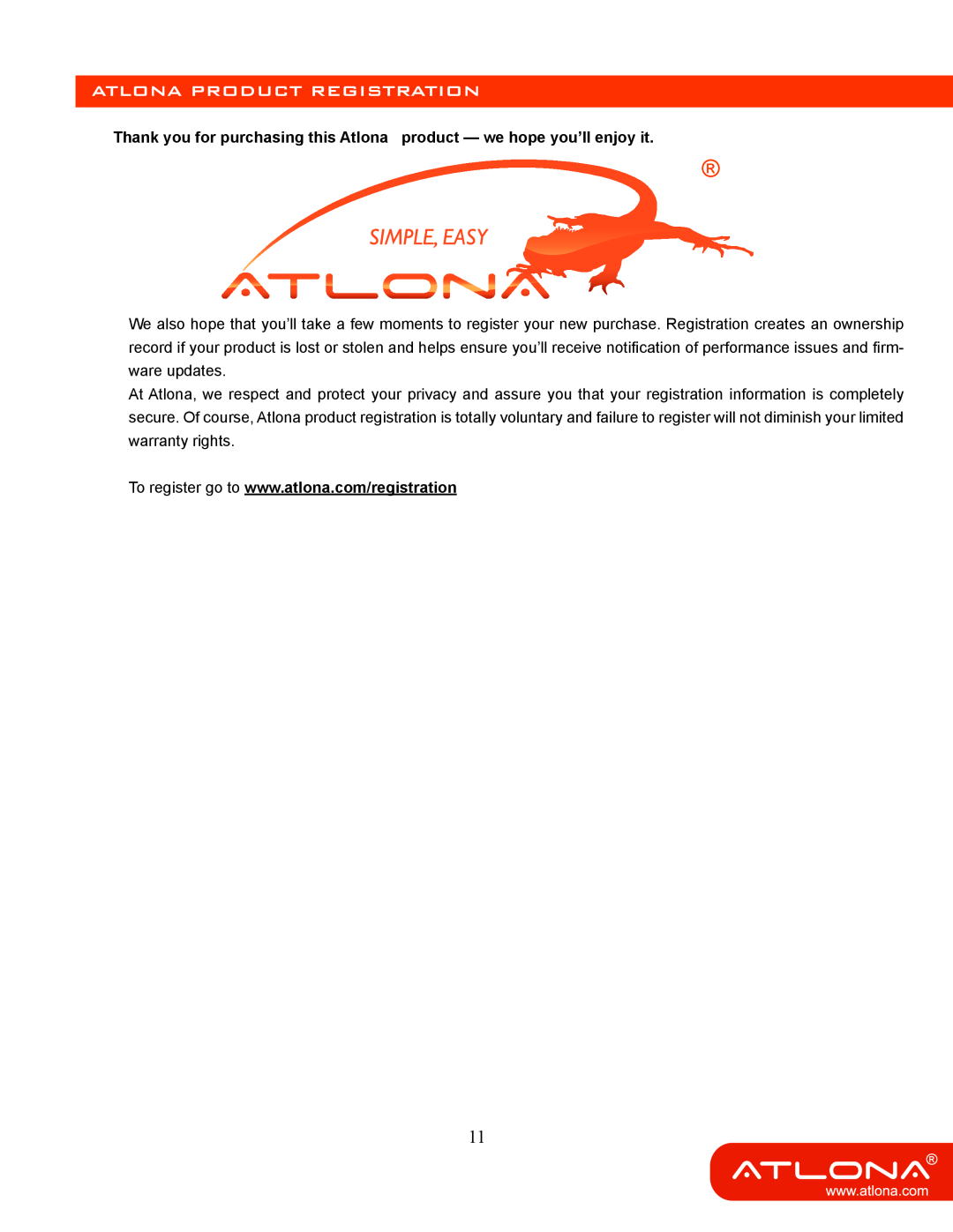 Atlona 64 M user manual Atlona Product Registration 