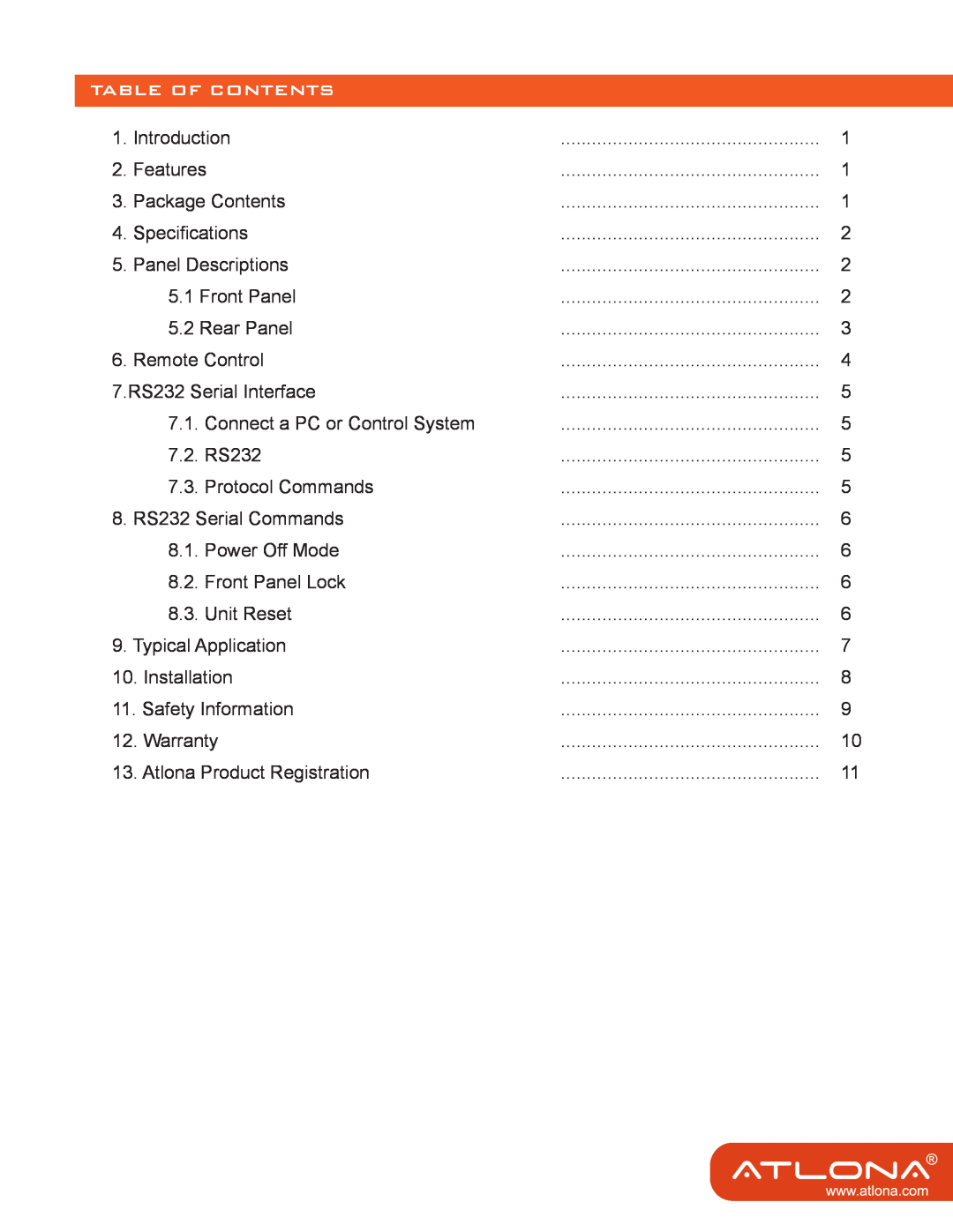 Atlona 64 M user manual Table Of Contents 