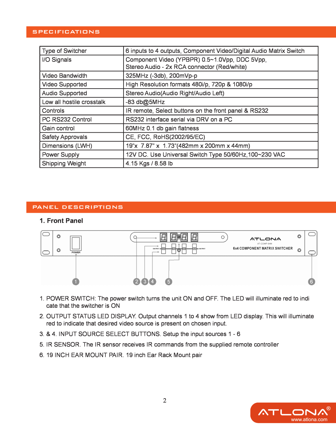Atlona 64 M user manual Specifications, Panel Descriptions, Front Panel 