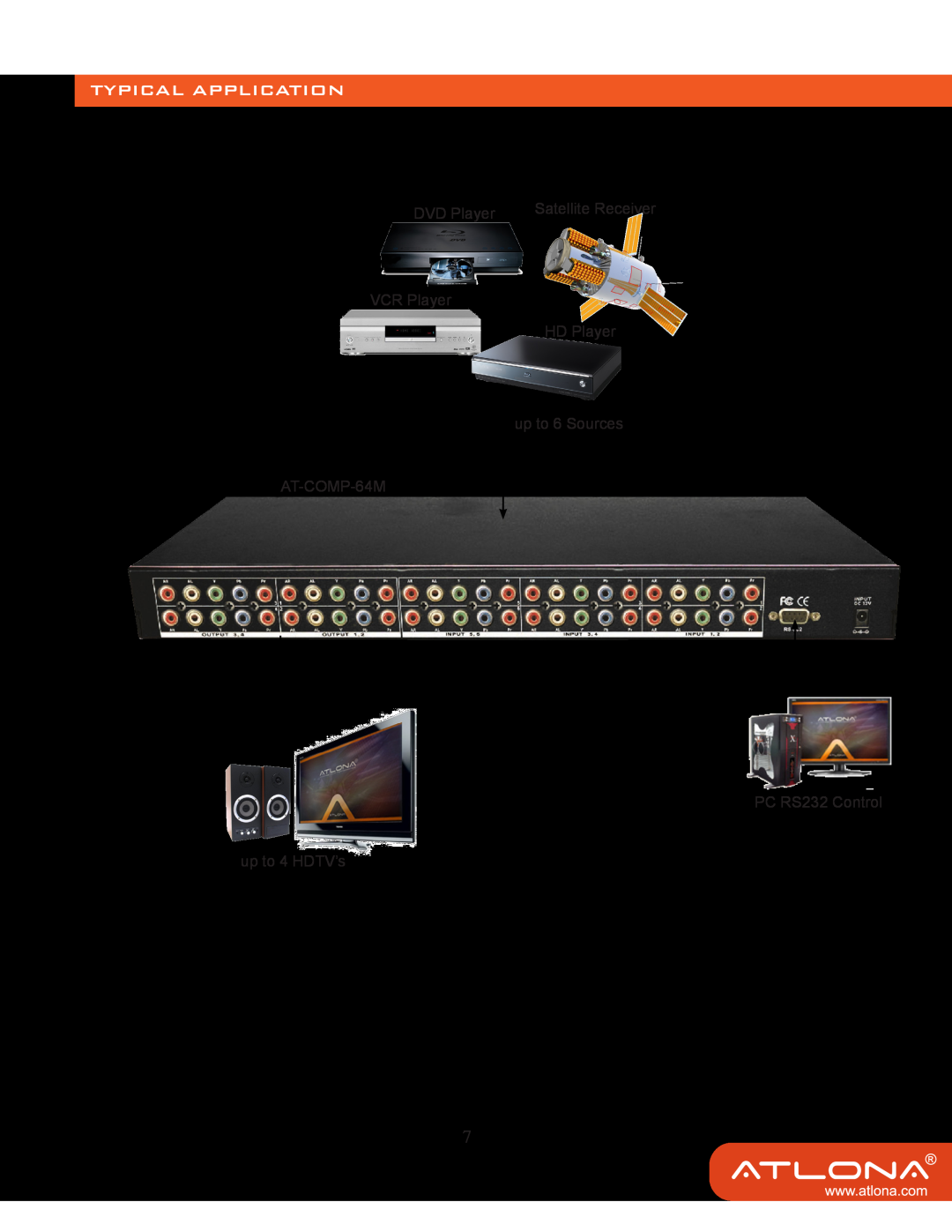 Atlona 64 M user manual Typical Application, DVD Player, Satellite Receiver, VCR Player AT-COMP-64M up to 4 HDTV’s 