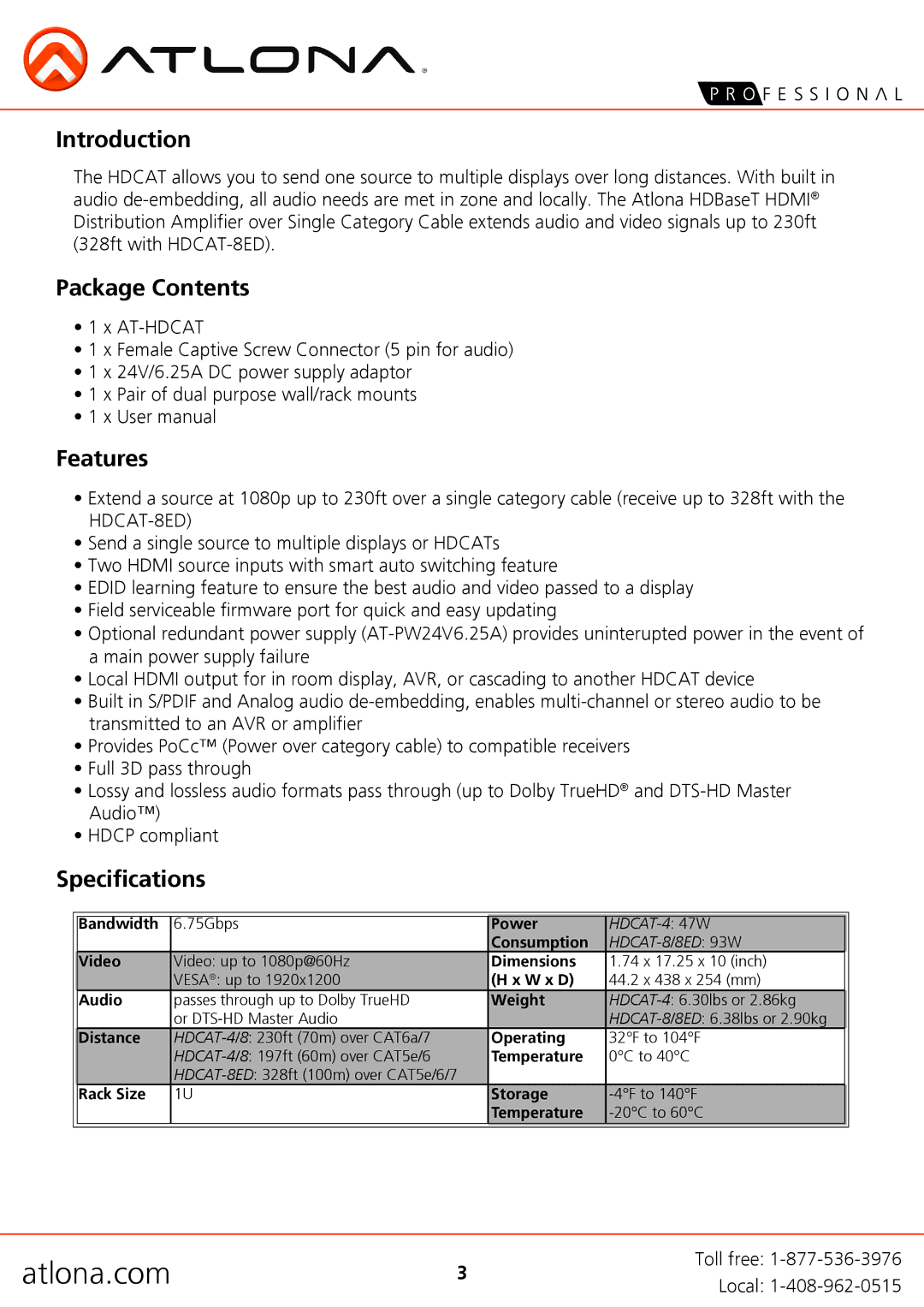 Atlona 8ED, AT-HDCAT-4 user manual Introduction, Package Contents, Features, Specifications 