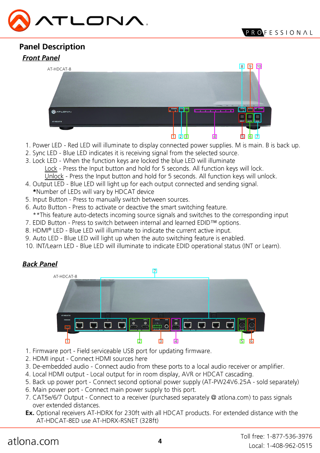 Atlona AT-HDCAT-4, 8ED user manual Panel Description, Front Panel 