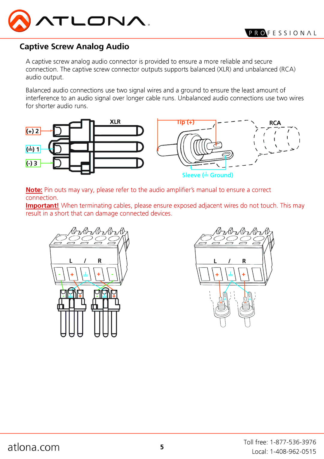 Atlona 8ED, AT-HDCAT-4 user manual Captive Screw Analog Audio 