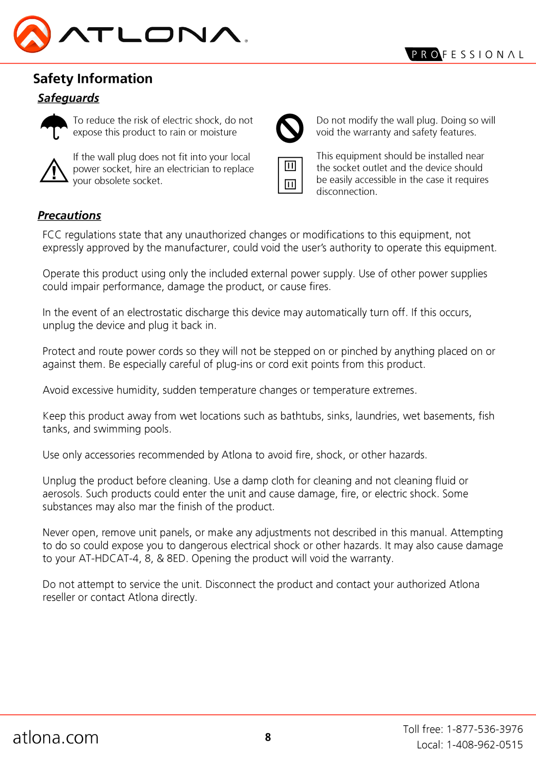 Atlona 8ED, AT-HDCAT-4 user manual Safety Information, Safeguards 