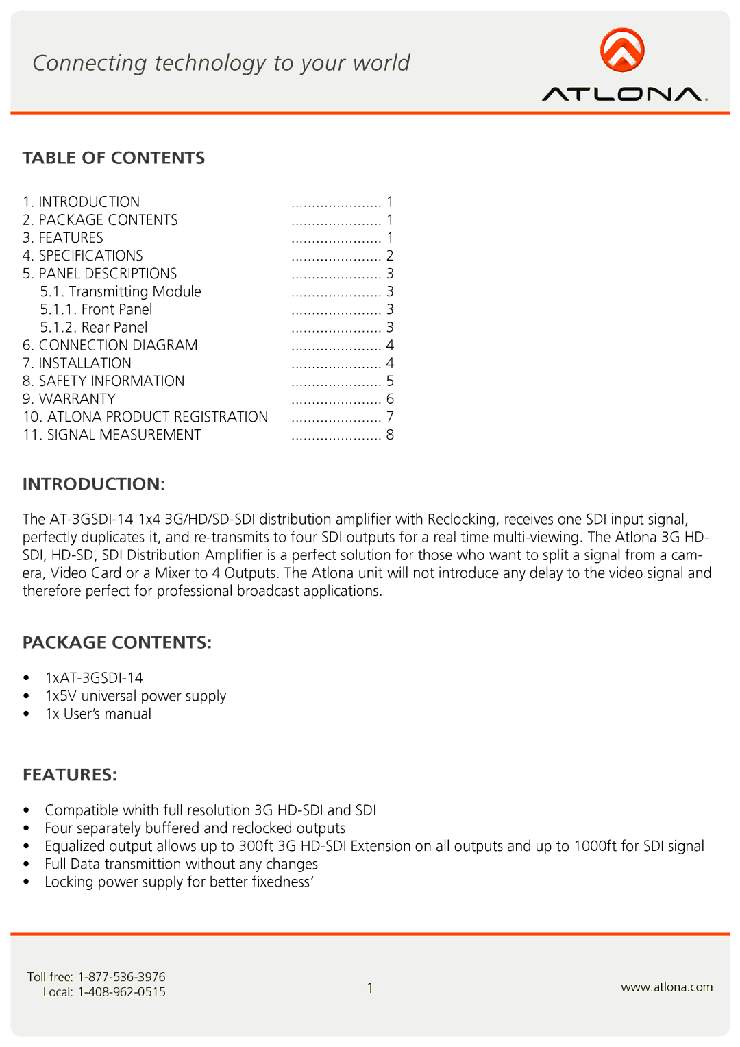 Atlona AT-3GSDI-14 user manual Table of Contents, Introduction, Package Contents, Features 