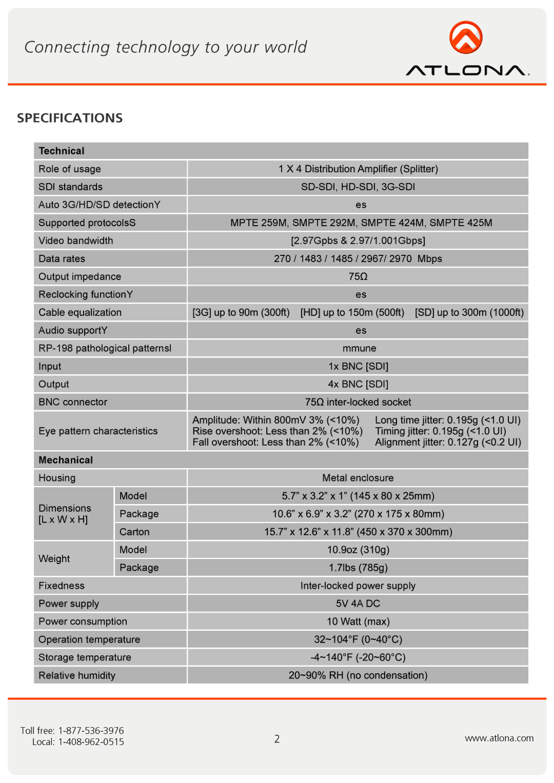 Atlona AT-3GSDI-14 user manual Specifications, Technical 