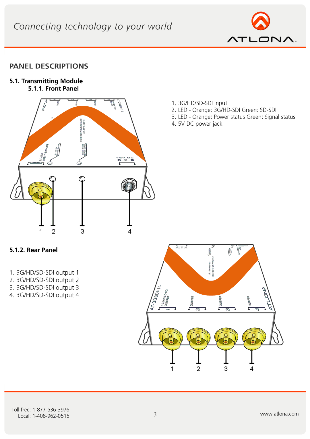 Atlona AT-3GSDI-14 user manual Panel Descriptions, Transmitting Module Front Panel 