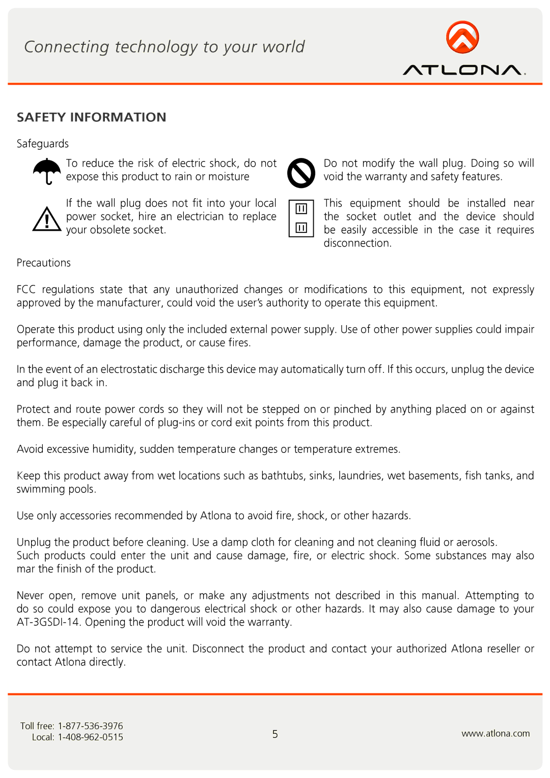 Atlona AT-3GSDI-14 user manual Safety Information 