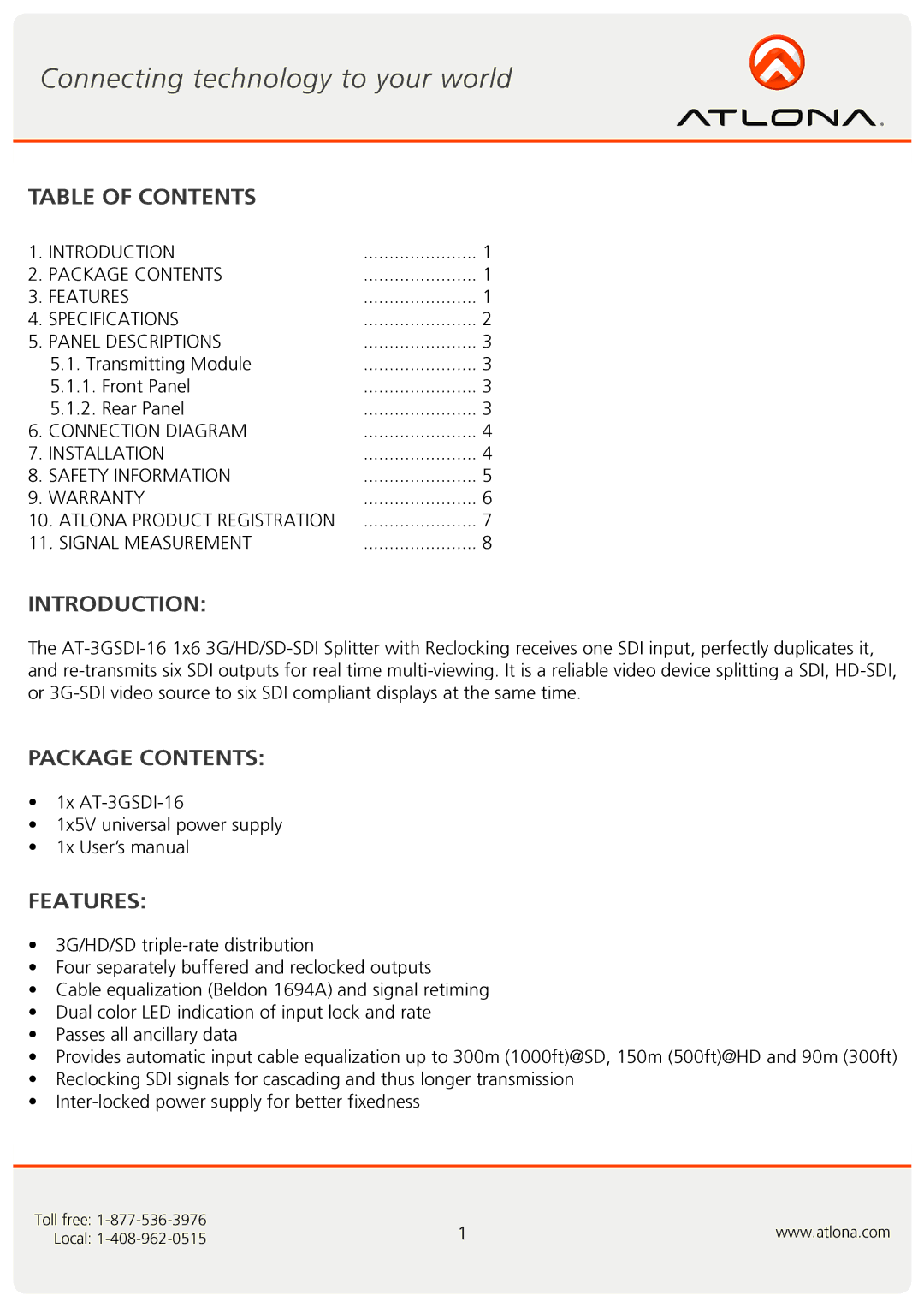 Atlona AT-3GSDI-16 user manual Table of Contents, Introduction, Package Contents, Features 