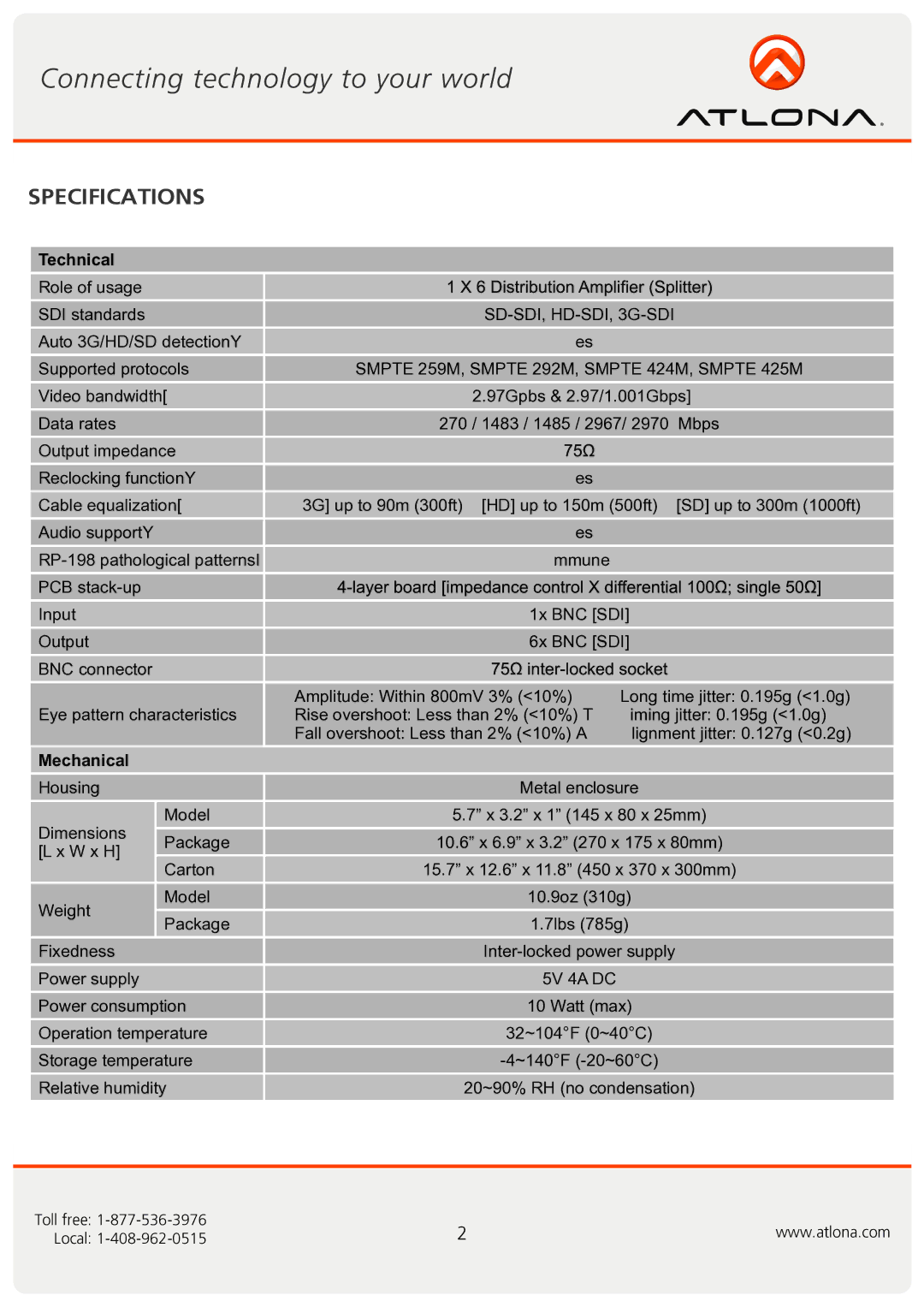 Atlona AT-3GSDI-16 user manual Specifications, Technical 