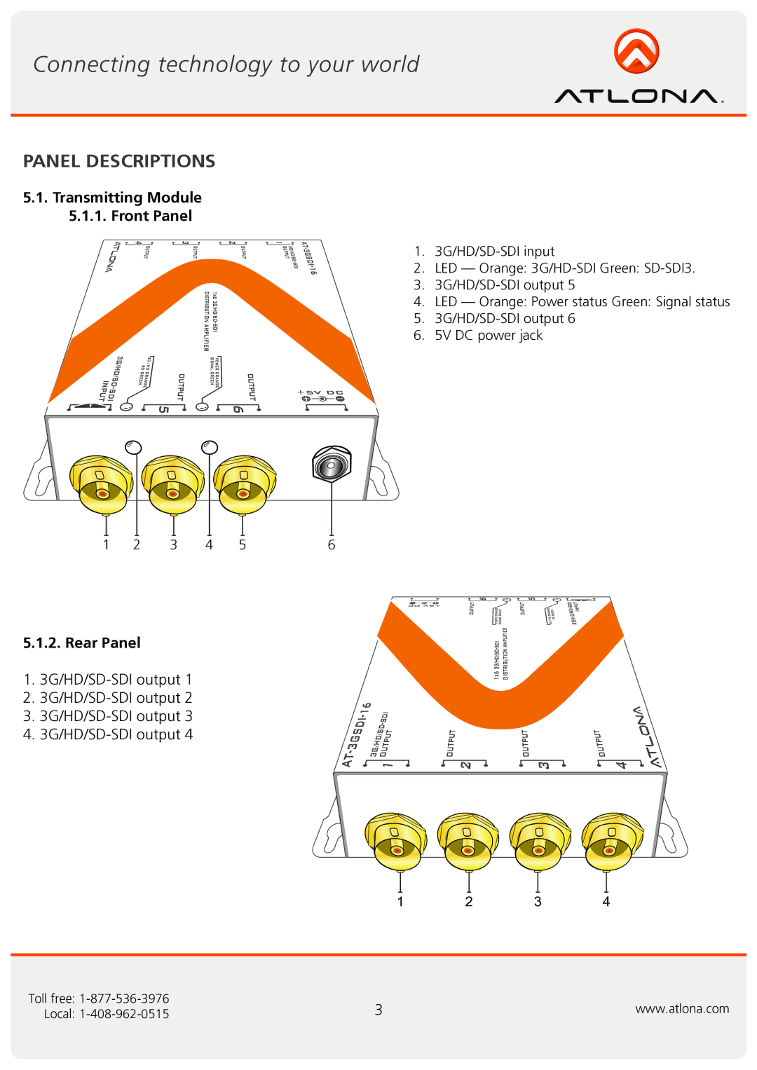 Atlona AT-3GSDI-16 user manual Panel Descriptions, Transmitting Module Front Panel 