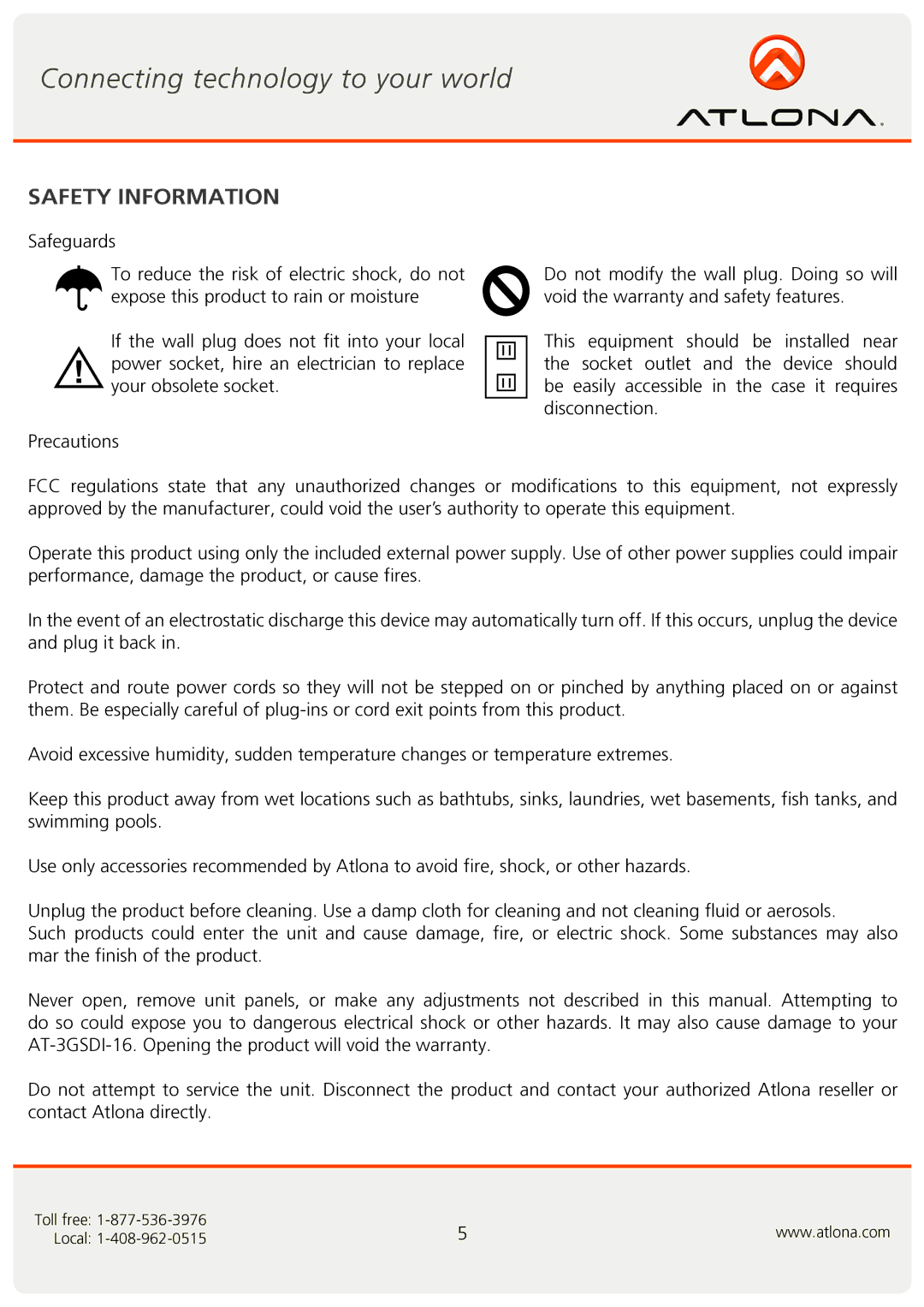 Atlona AT-3GSDI-16 user manual Safety Information 