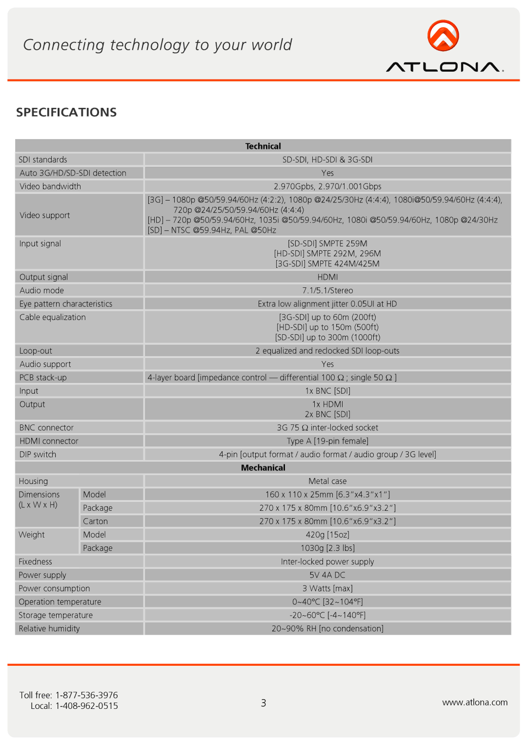 Atlona AT-3GSDI-HD user manual Specifications, Technical 