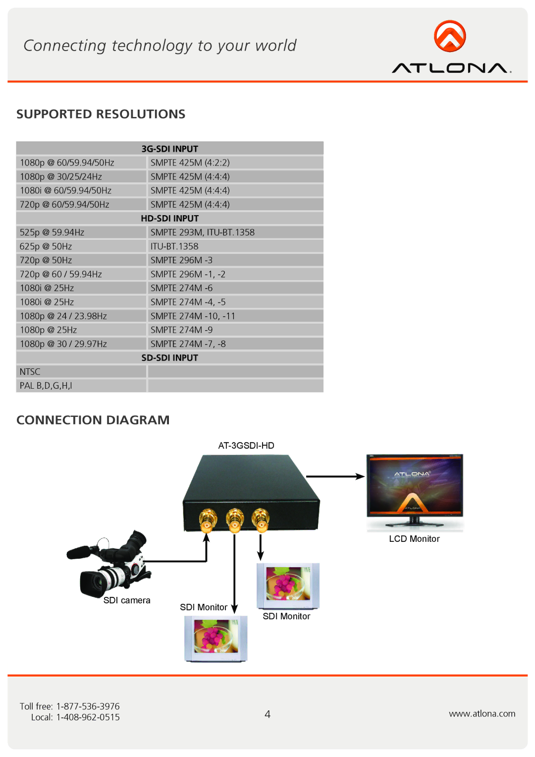 Atlona AT-3GSDI-HD user manual Supported Resolutions, Connection Diagram 