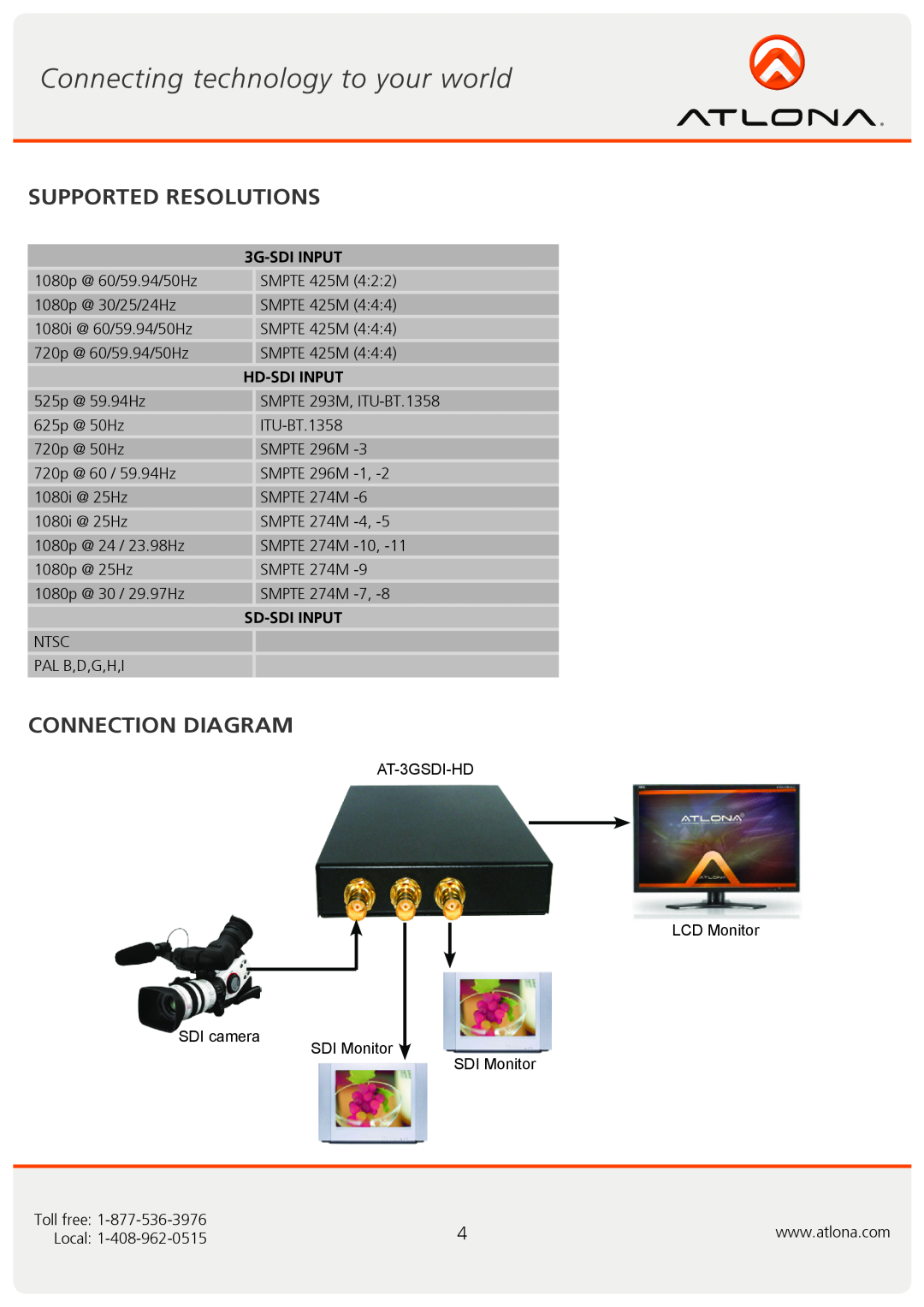 Atlona AT-3GSDI-HD user manual Supported Resolutions, Connection Diagram, 3G-SDI INPUT, Hd-Sdi Input, Sd-Sdi Input 