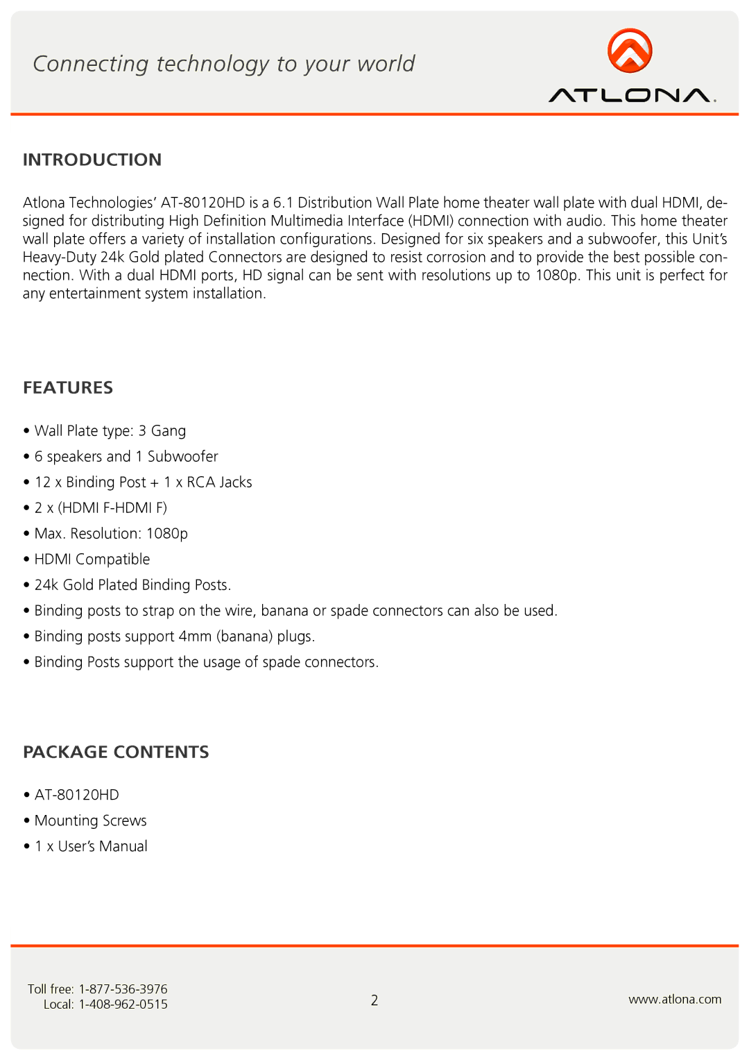 Atlona AT-80120HD user manual Introduction, Features, Package Contents 
