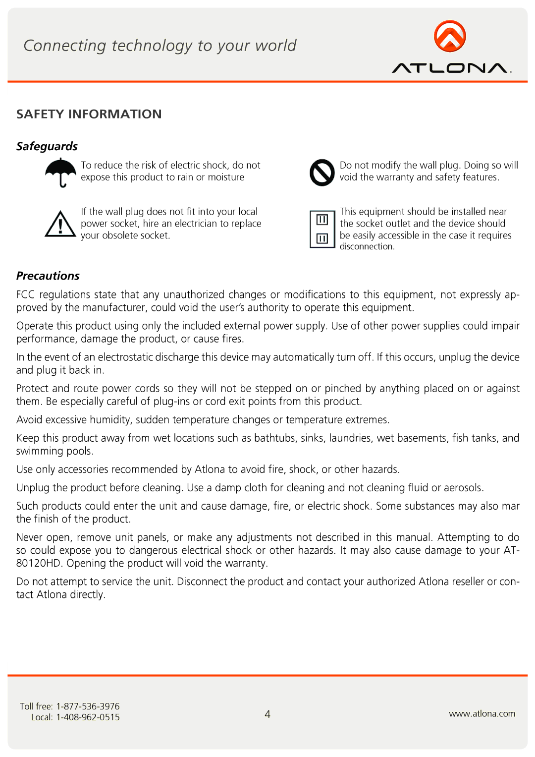 Atlona AT-80120HD user manual Safety Information, Safeguards 