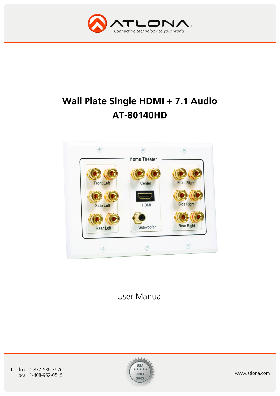 Atlona user manual Wall Plate Single HDMI + 7.1 Audio AT-80140HD, User Manual, Toll free, Local 