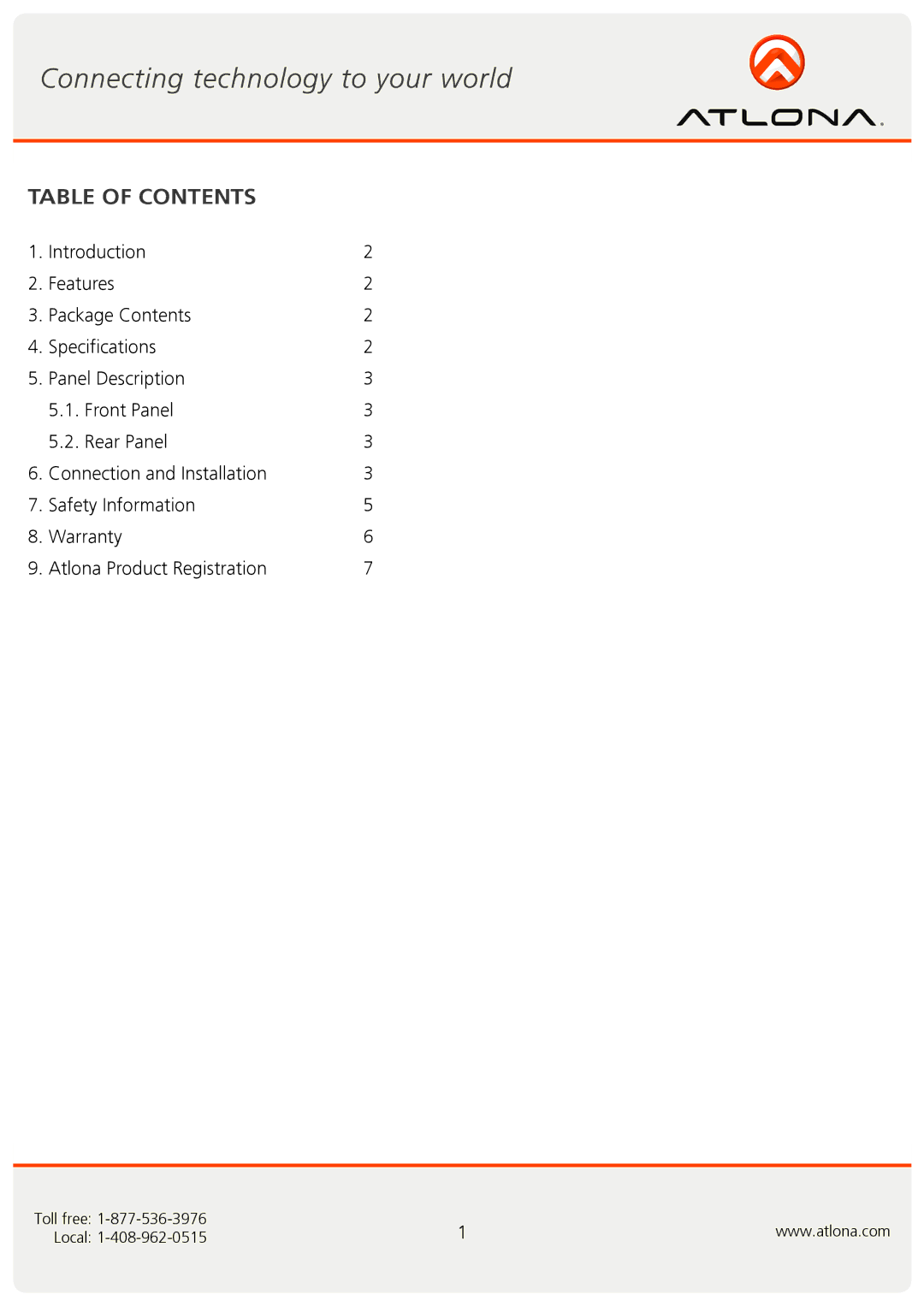 Atlona AT-AD2 user manual Table of Contents 