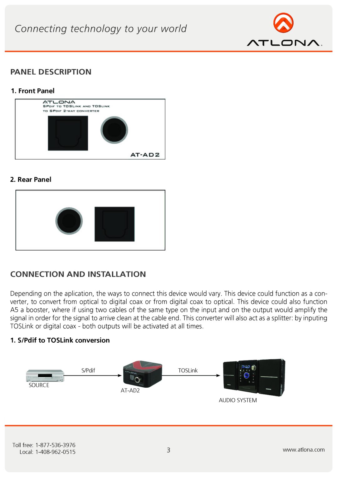 Atlona AT-AD2 user manual Panel Description, Connection and Installation 