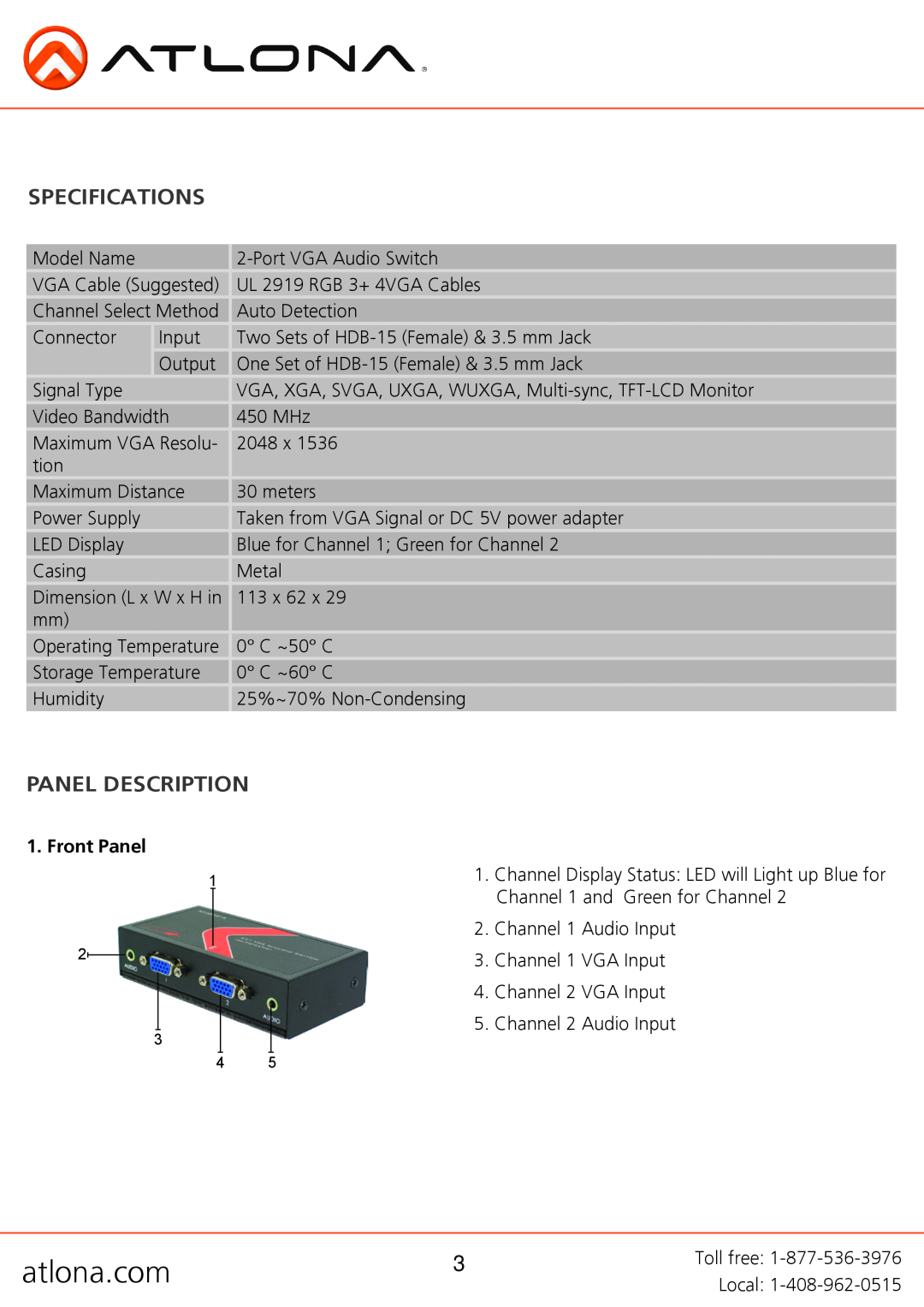 Atlona AT-APC21A user manual Specifications, Panel Description, Front Panel 