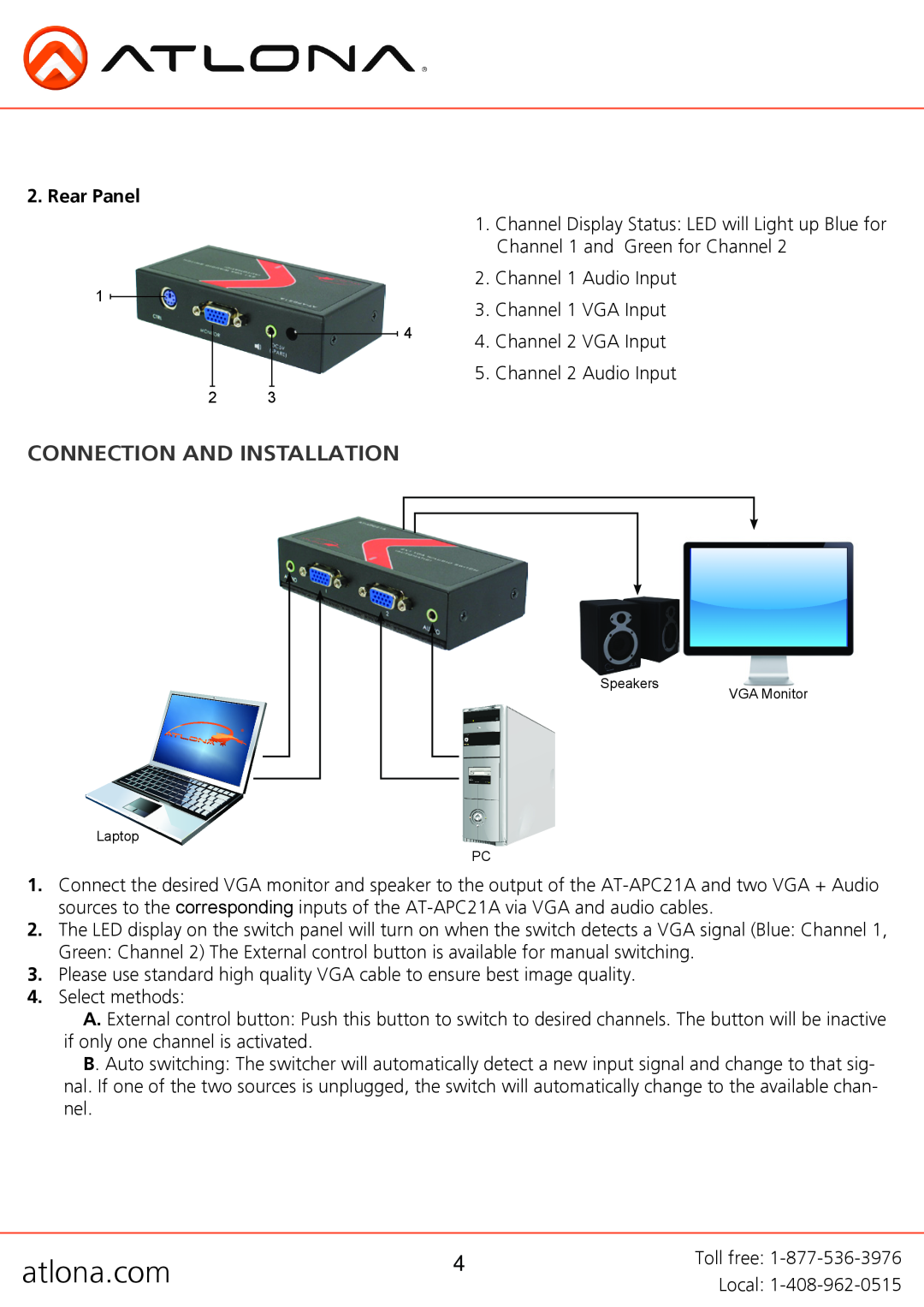 Atlona AT-APC21A user manual Connection And Installation 