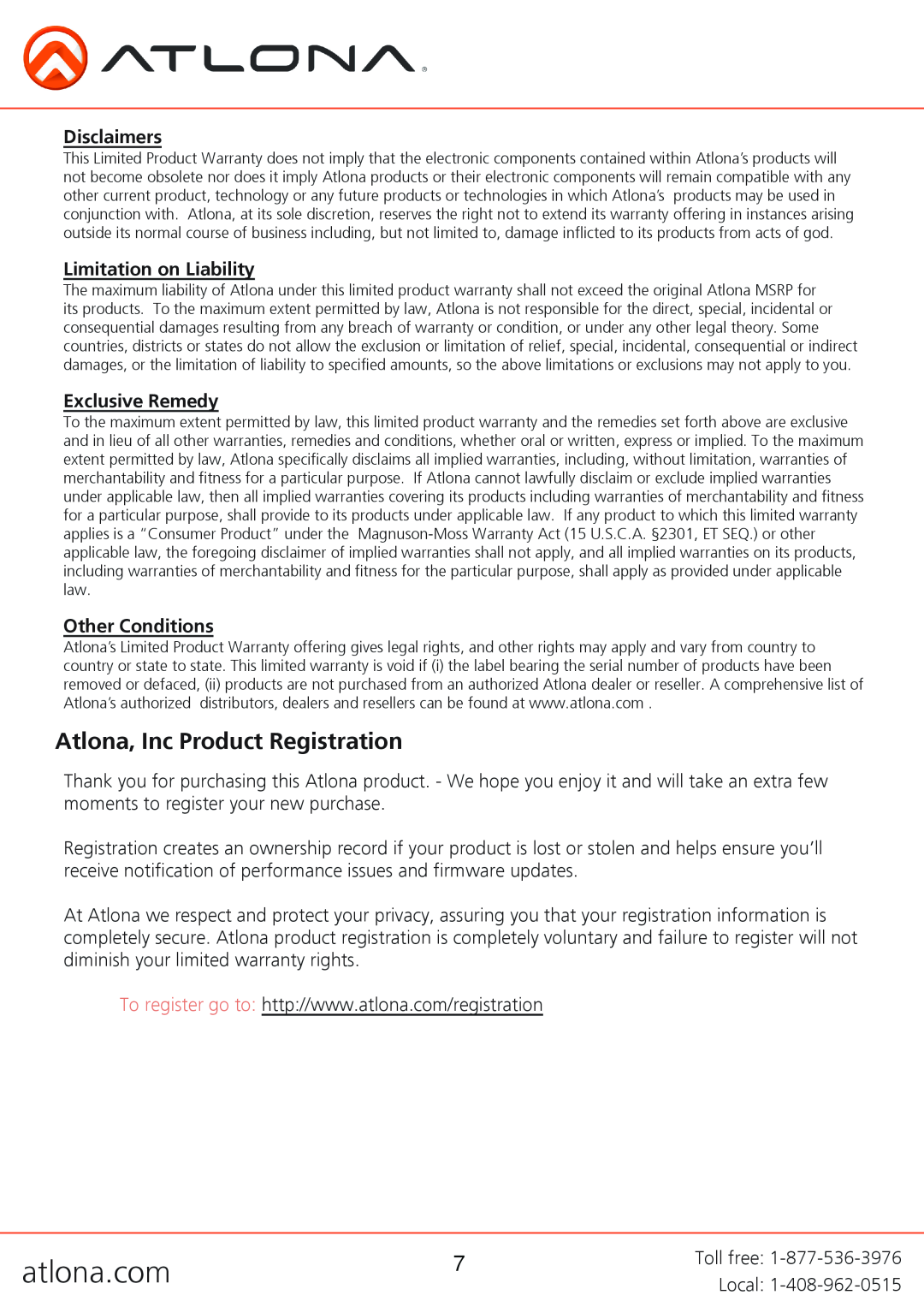 Atlona AT-APC21A user manual Atlona, Inc Product Registration, Disclaimers, Limitation on Liability, Exclusive Remedy 