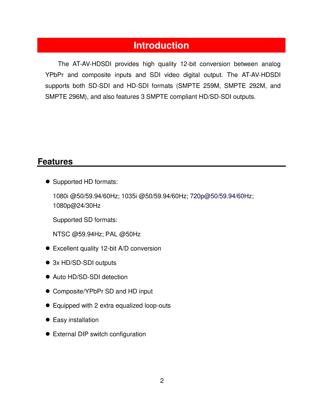 Atlona AT-AT-HDSDI user manual Introduction, Features 